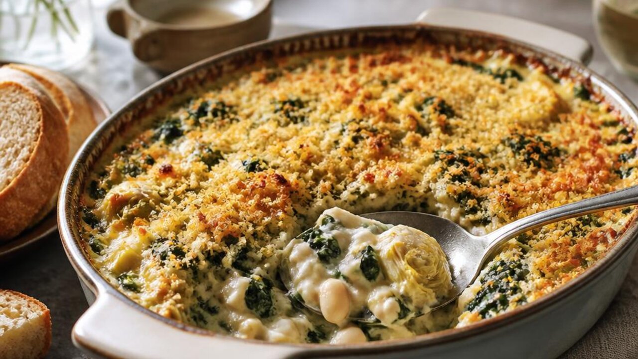 Artichoke, White Bean, and Spinach Gratin