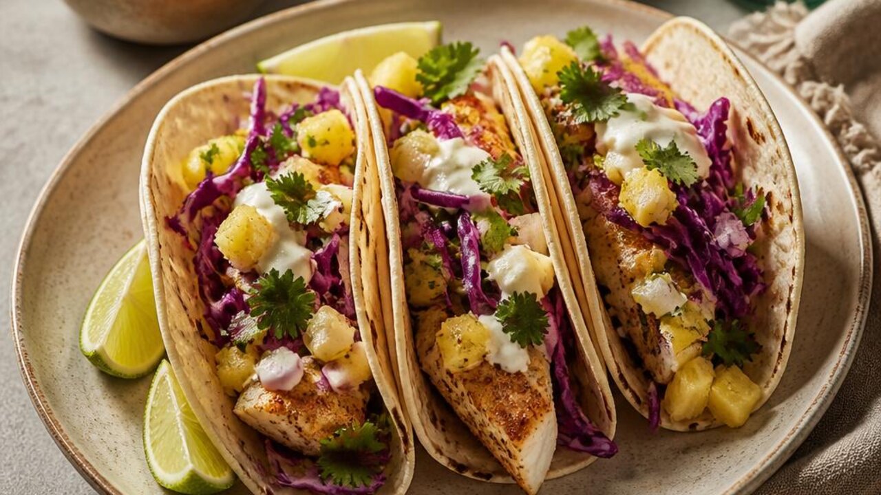 Baked Fish Tacos with Pineapple Cabbage Slaw