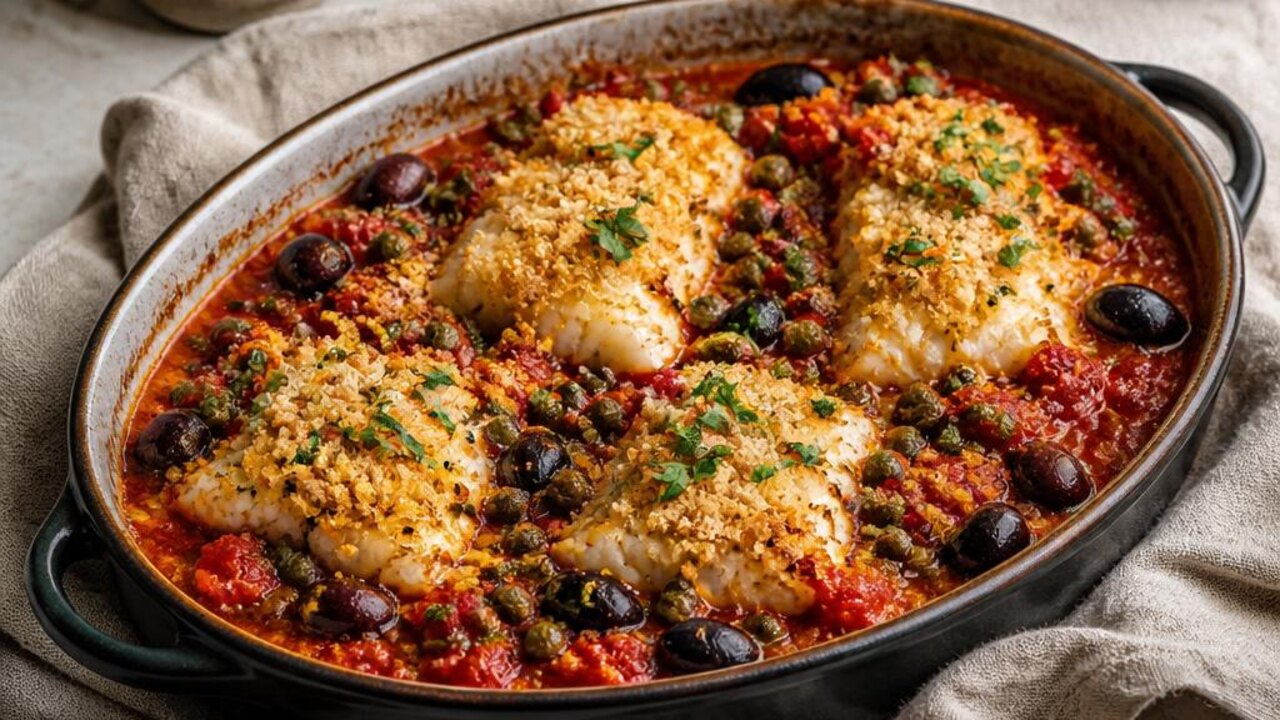 Baked Haddock Puttanesca