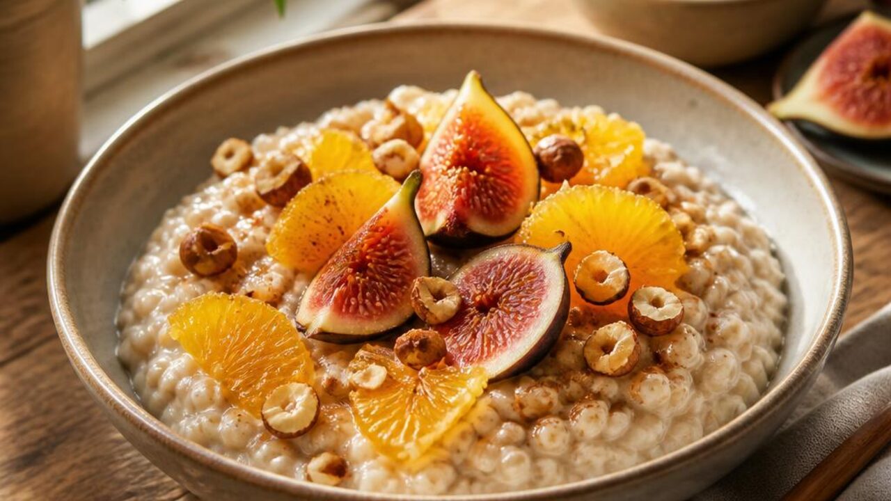 Pearl Barley Breakfast Porridge with Figs and Orange