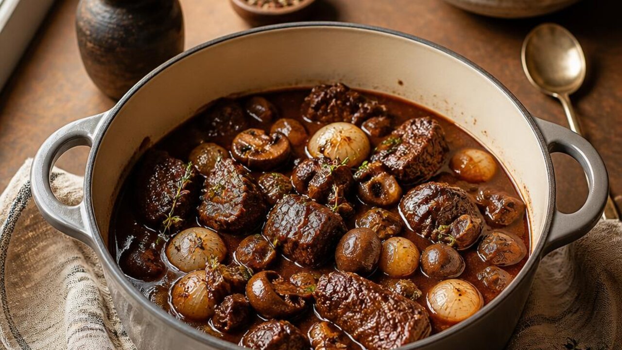 Beef Bourguignon with Mushrooms and Pearl Onions