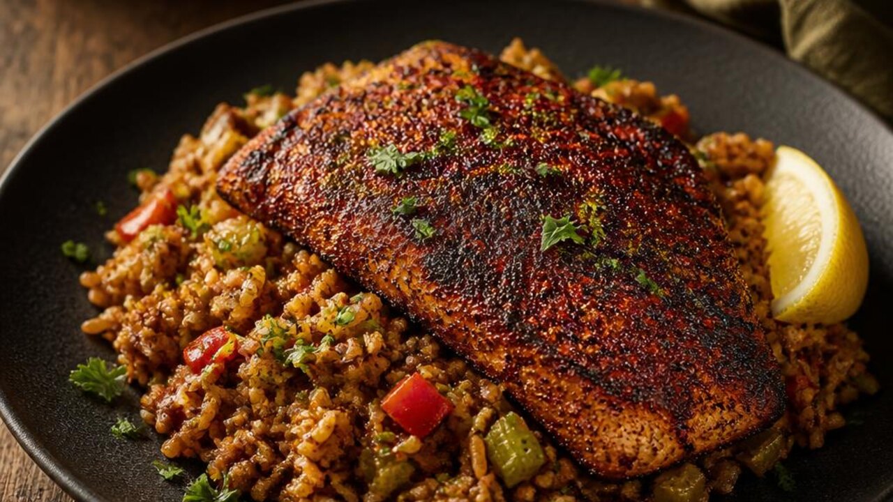 Blackened Catfish with Vegetable Dirty Rice