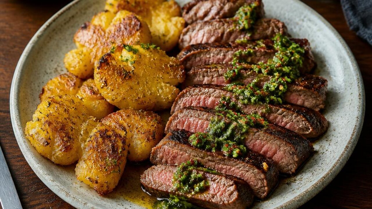 Cast-Iron Steak with Crispy Potatoes and Herb Sauce