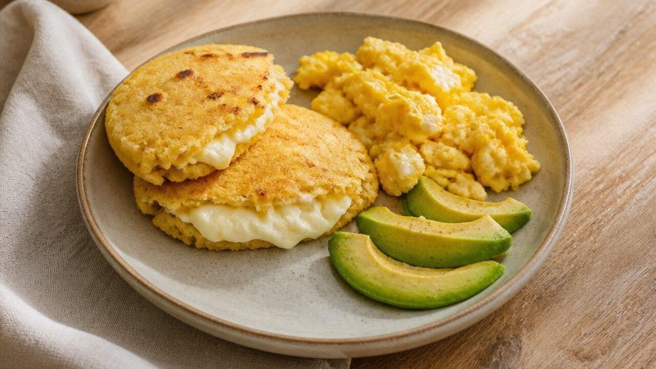 Cheese Arepas with Soft Scrambled Eggs
