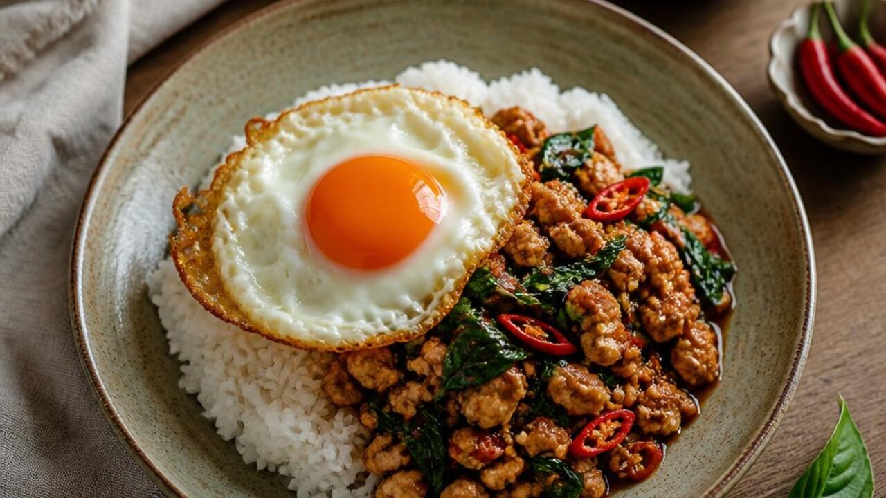 Chicken Pad Kra Pao with Fried Eggs