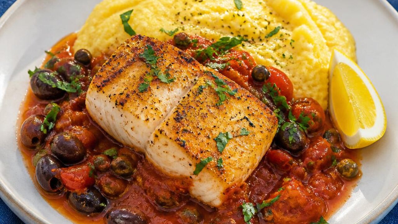 Cod Puttanesca over Creamy Polenta