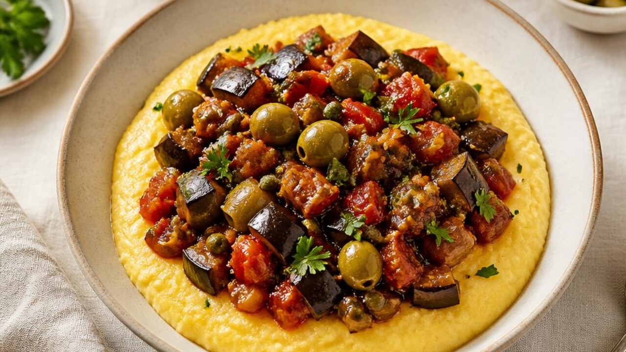 Eggplant Caponata over Creamy Polenta
