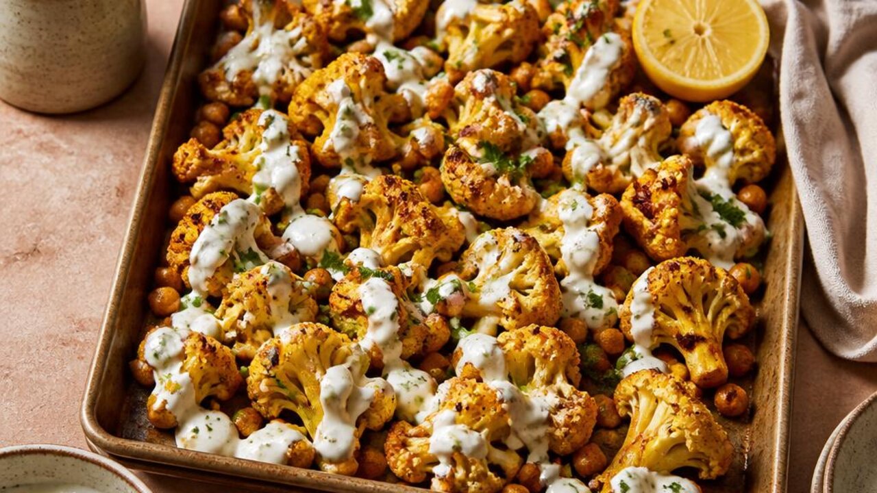 Harissa Cauliflower and Chickpea Tray Bake