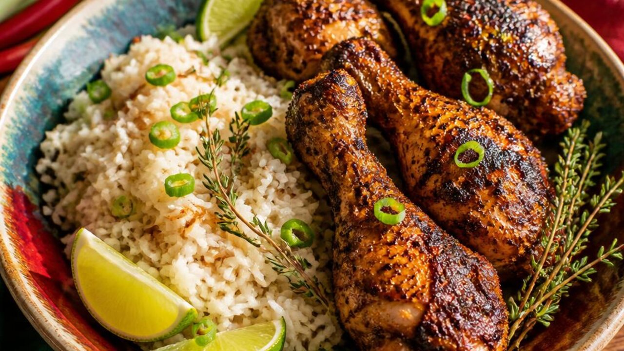 Jerk-Seasoned Chicken Legs with Coconut Rice