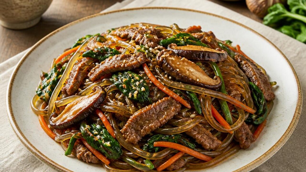 Korean Beef Japchae with Sweet Potato Noodles