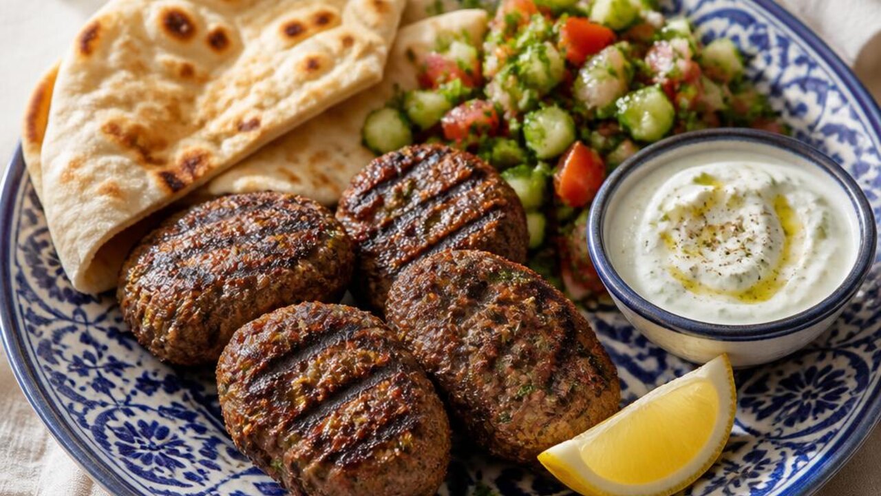 Lamb Kofta with Flatbread and Chopped Salad