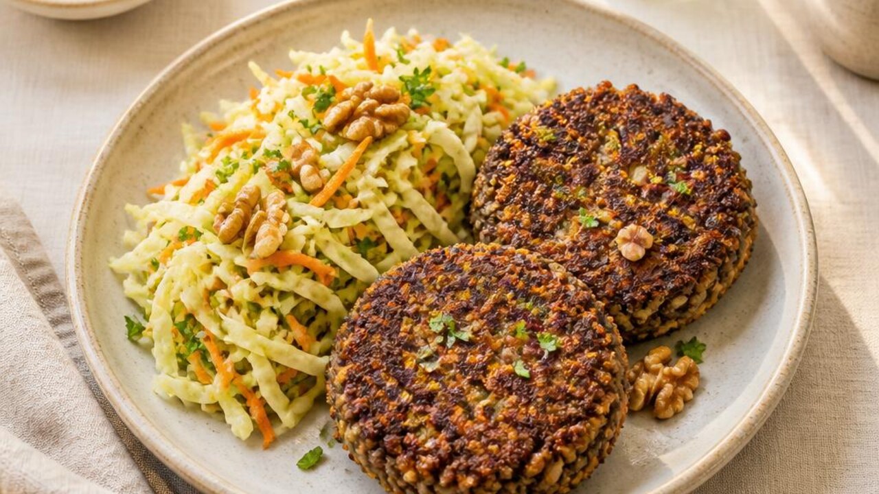 Lentil and Walnut Patties with Cabbage Slaw