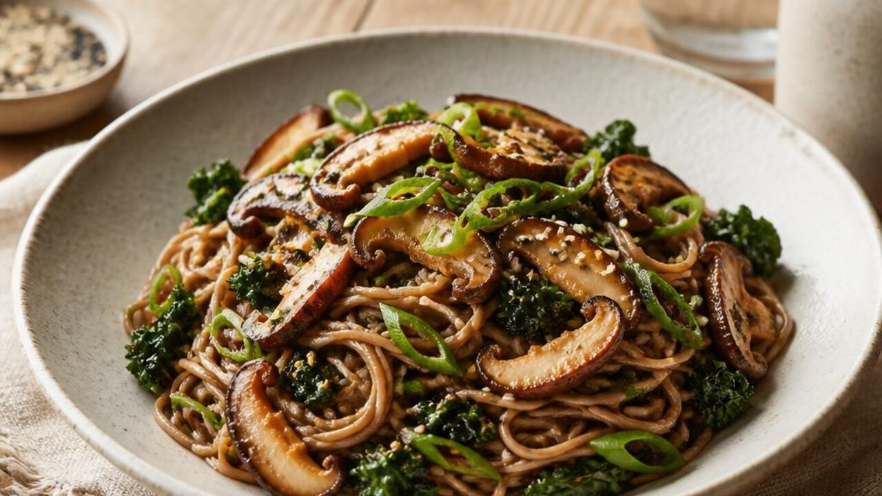 Miso Mushroom Soba Noodles in a Savory Sauce