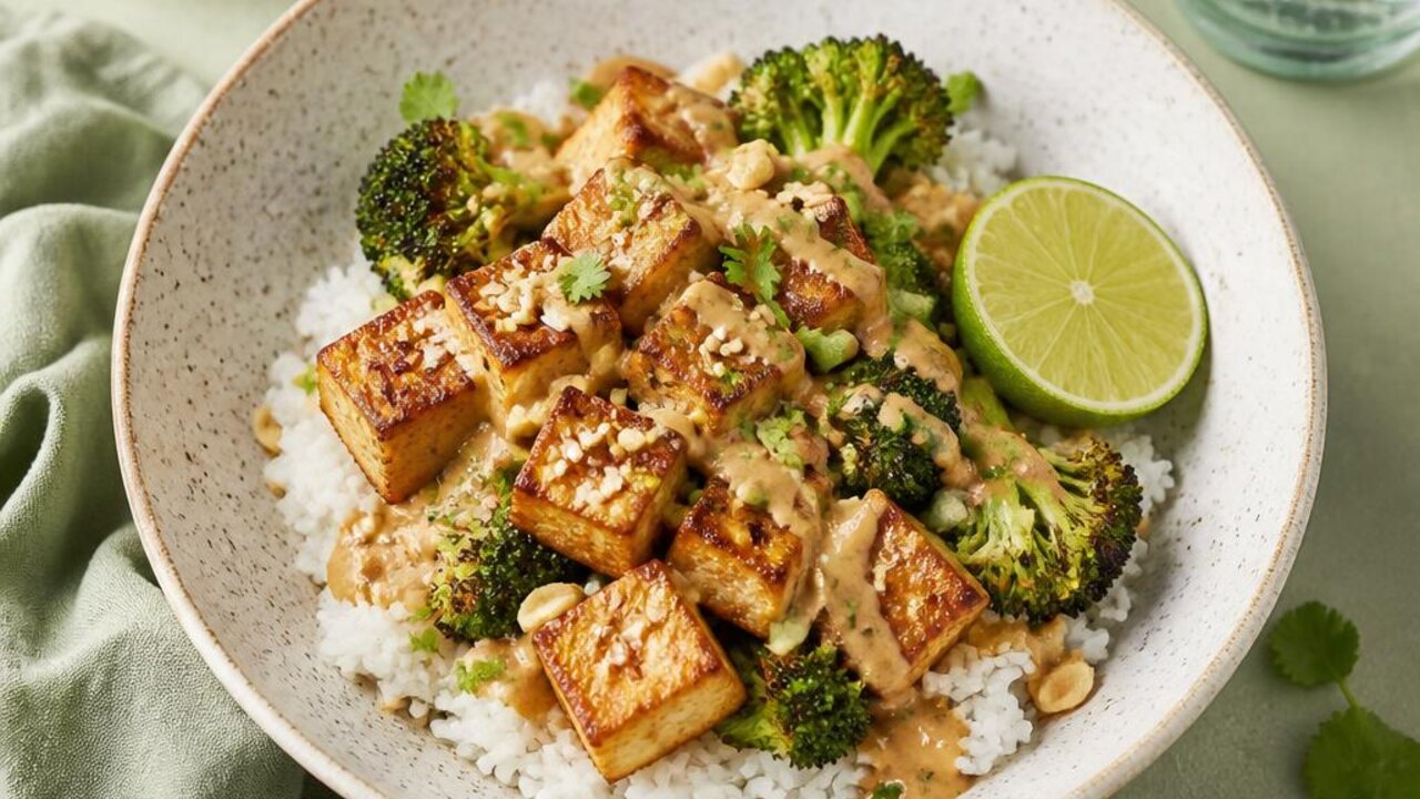 Peanut Tofu and Broccoli Rice Bowls