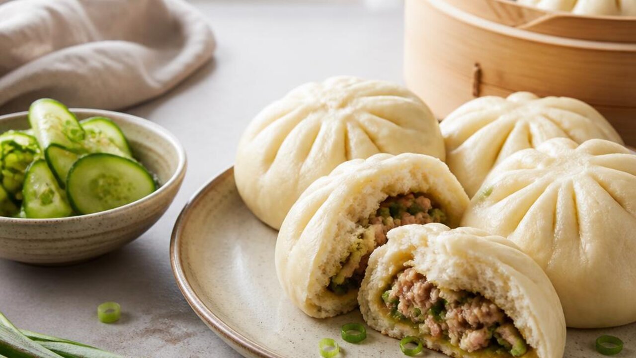 Steamed Pork and Scallion Buns with Quick Cucumber Pickles