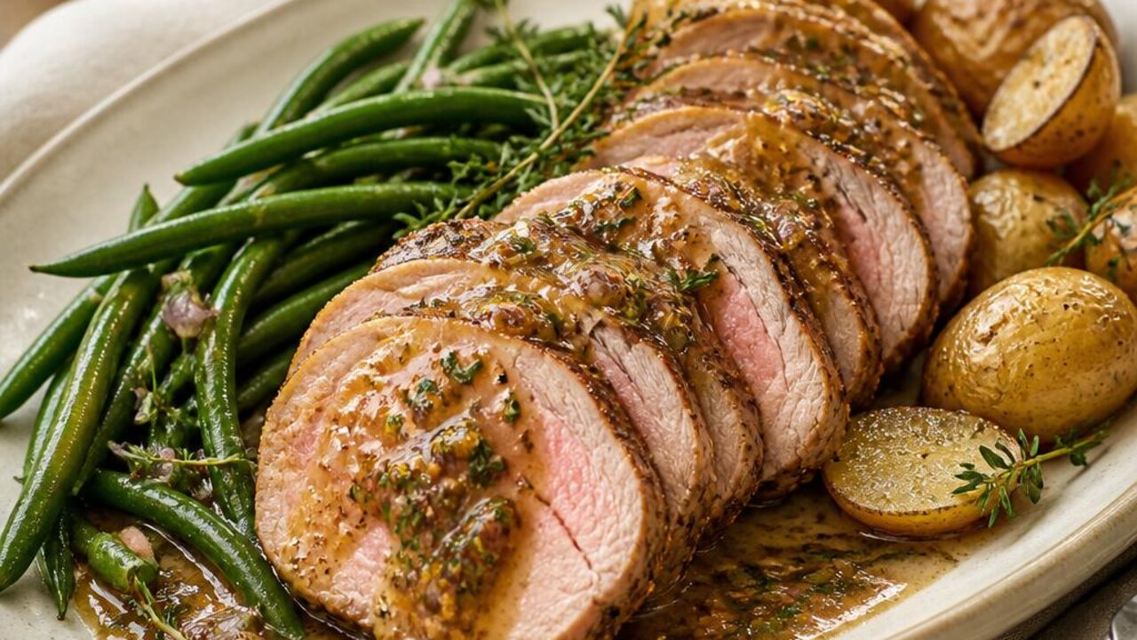 Pork Tenderloin with Dijon Pan Sauce and Green Beans