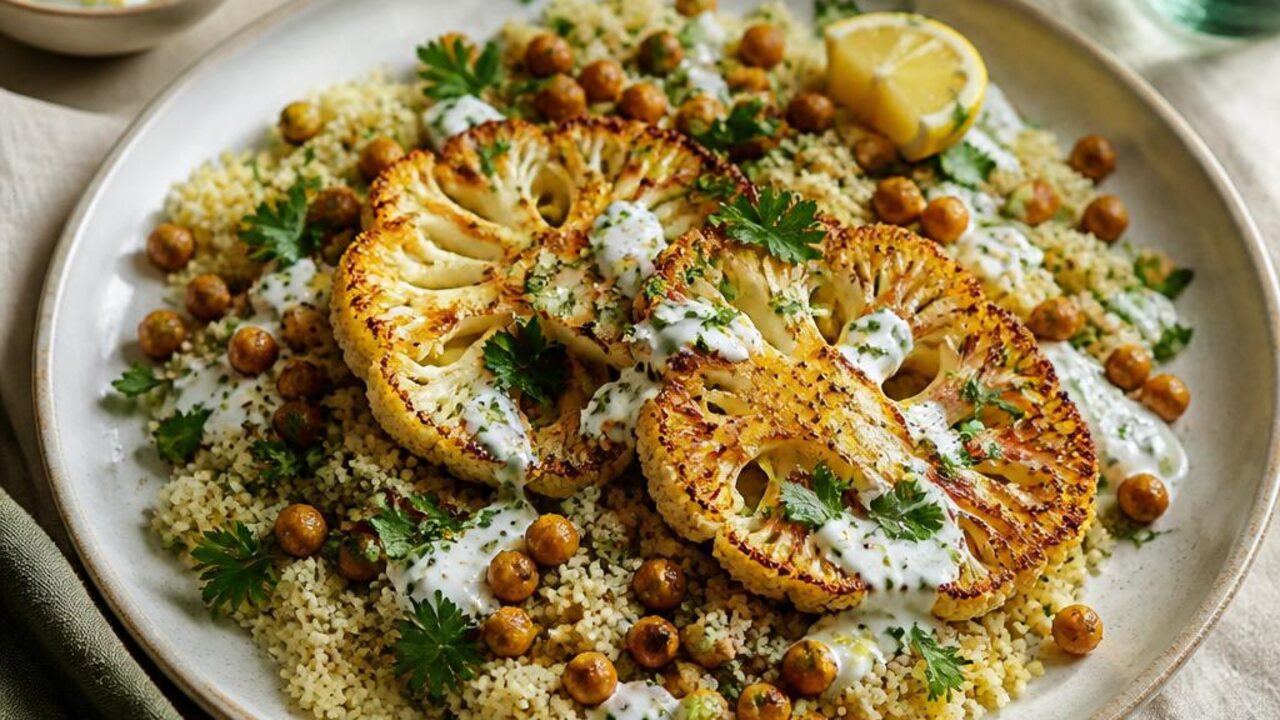 Roasted Cauliflower Steaks with Herby Couscous