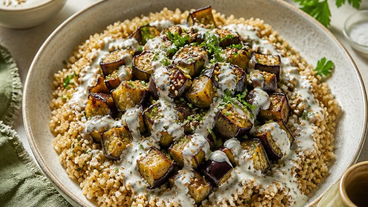 Roasted Eggplant and Bulgur with Lemon Yogurt