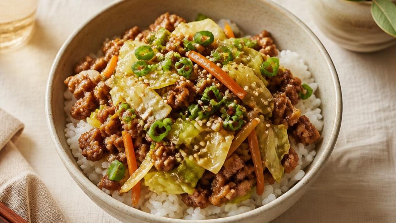 Sesame Pork and Cabbage Rice Bowls