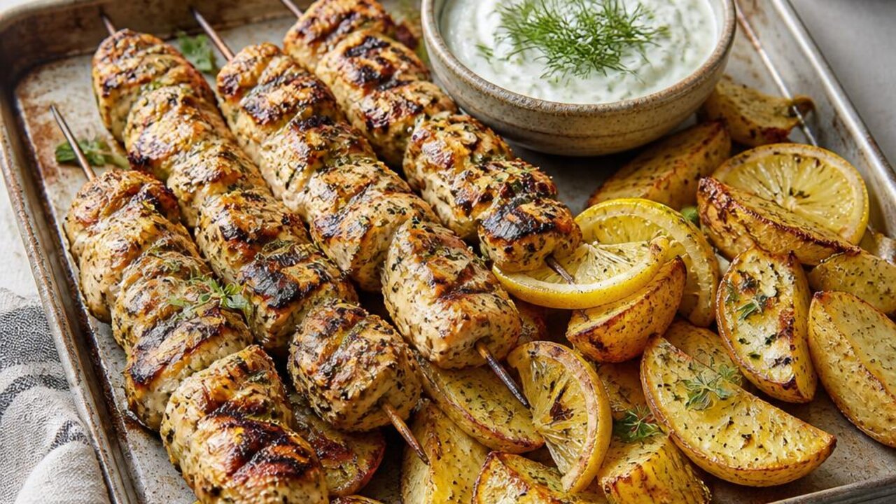Sheet-Pan Chicken Souvlaki and Lemon Potatoes