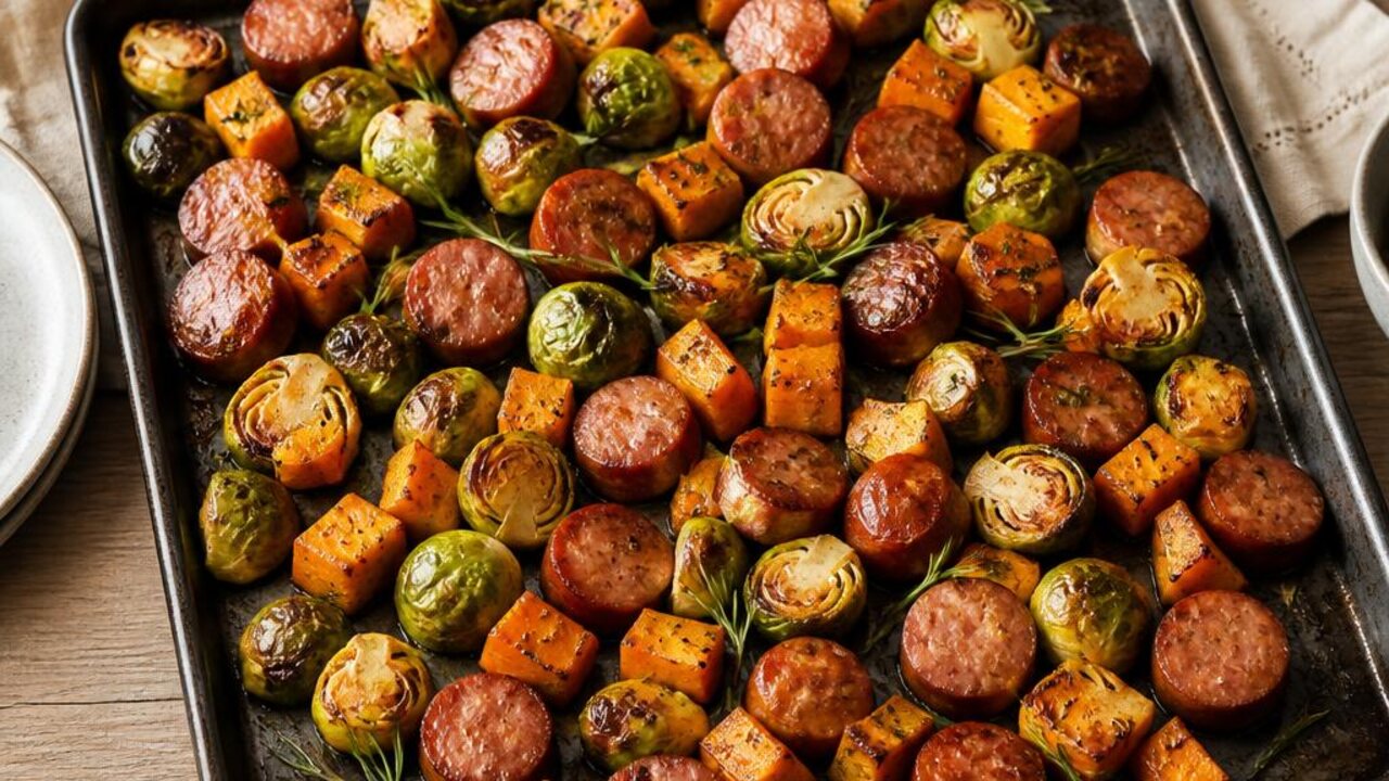 Sheet-Pan Sausage with Sweet Potatoes and Brussels Sprouts