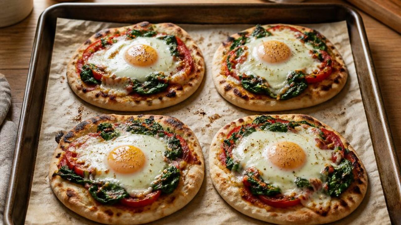 Tomato and Egg Naan Breakfast Pizzas