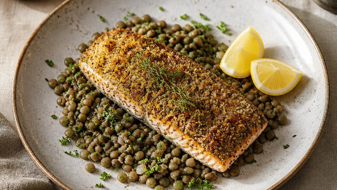 Trout with Mustard Crumbs and Warm Lentils