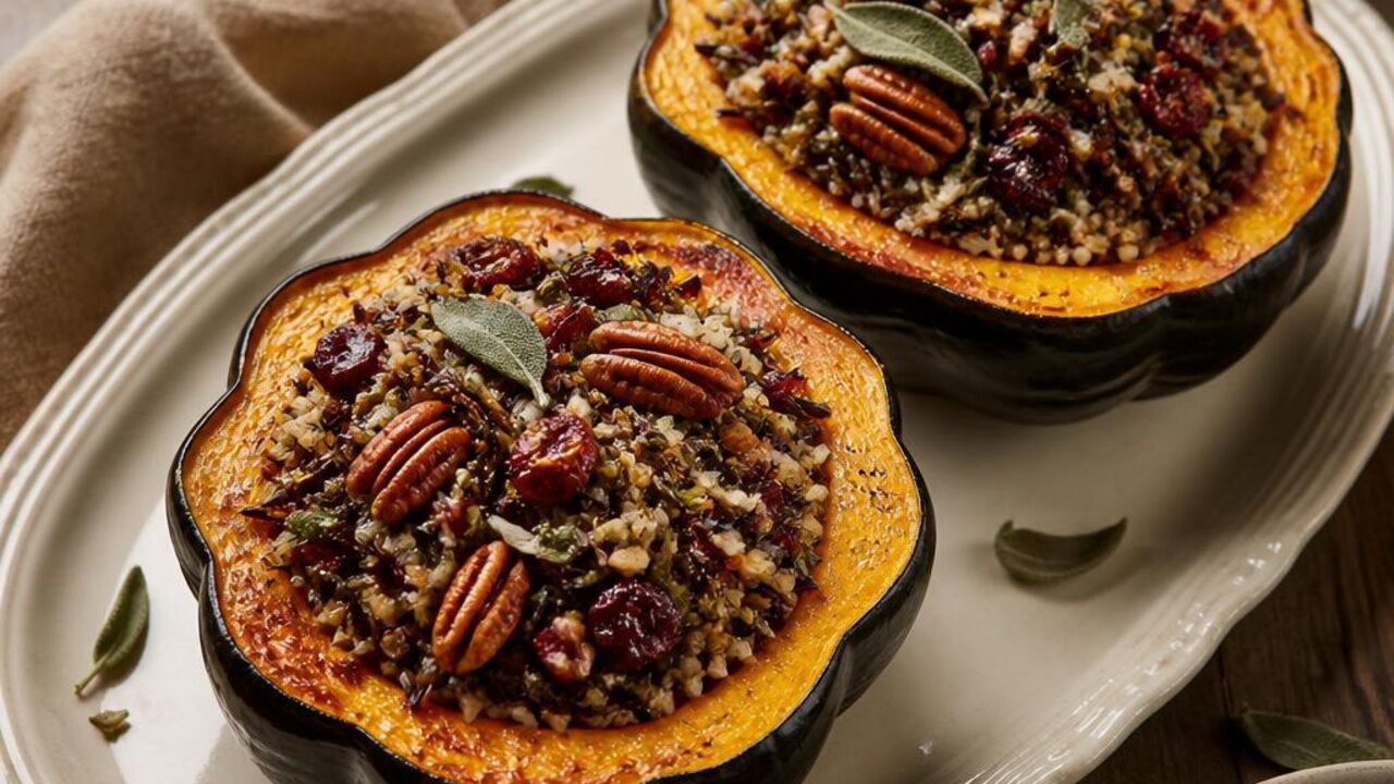 Wild Rice Stuffed Acorn Squash with Cranberries and Pecans